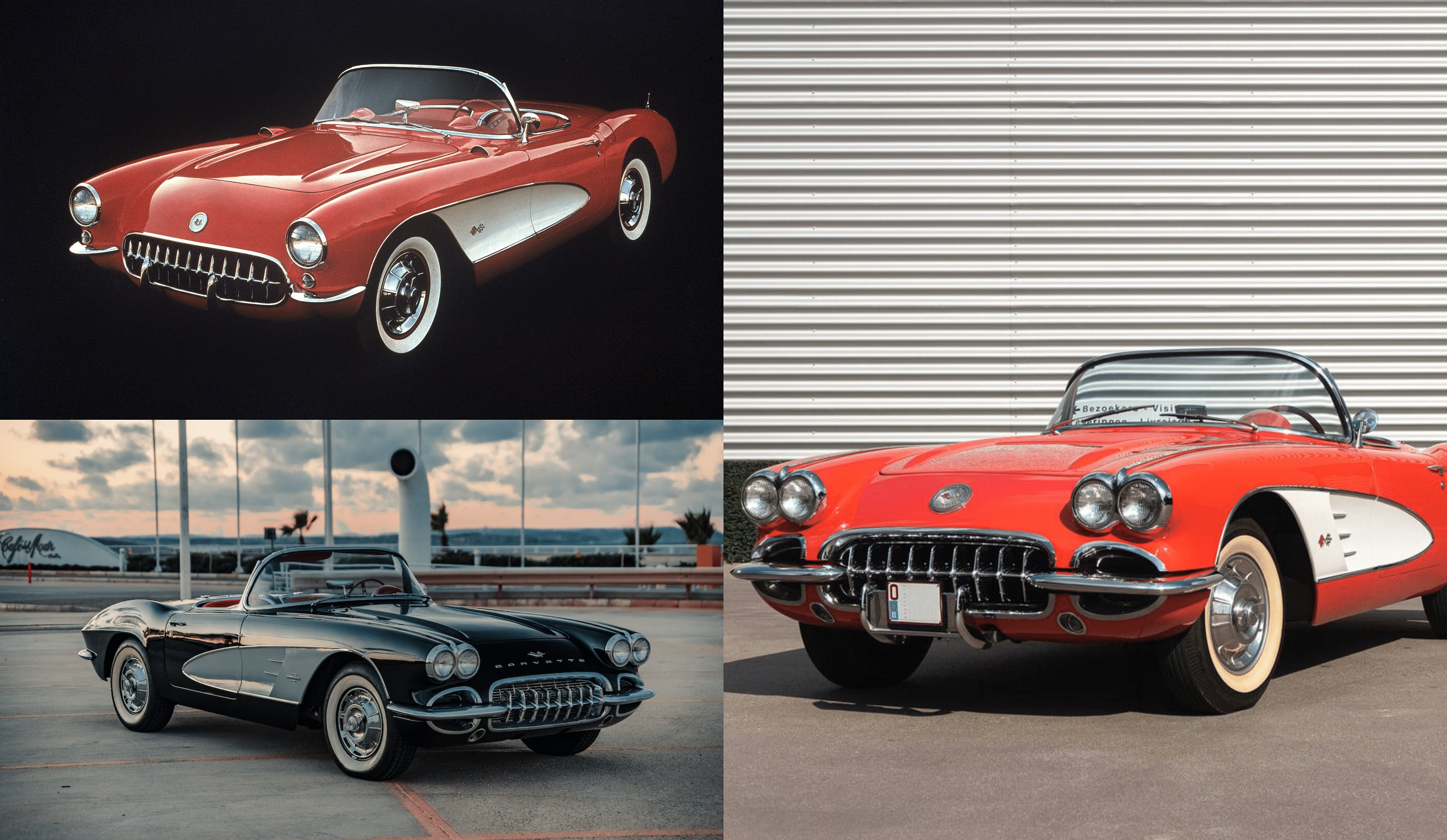 The 1956 Chevrolet Corvette C1 in Red and Black color, front and side view