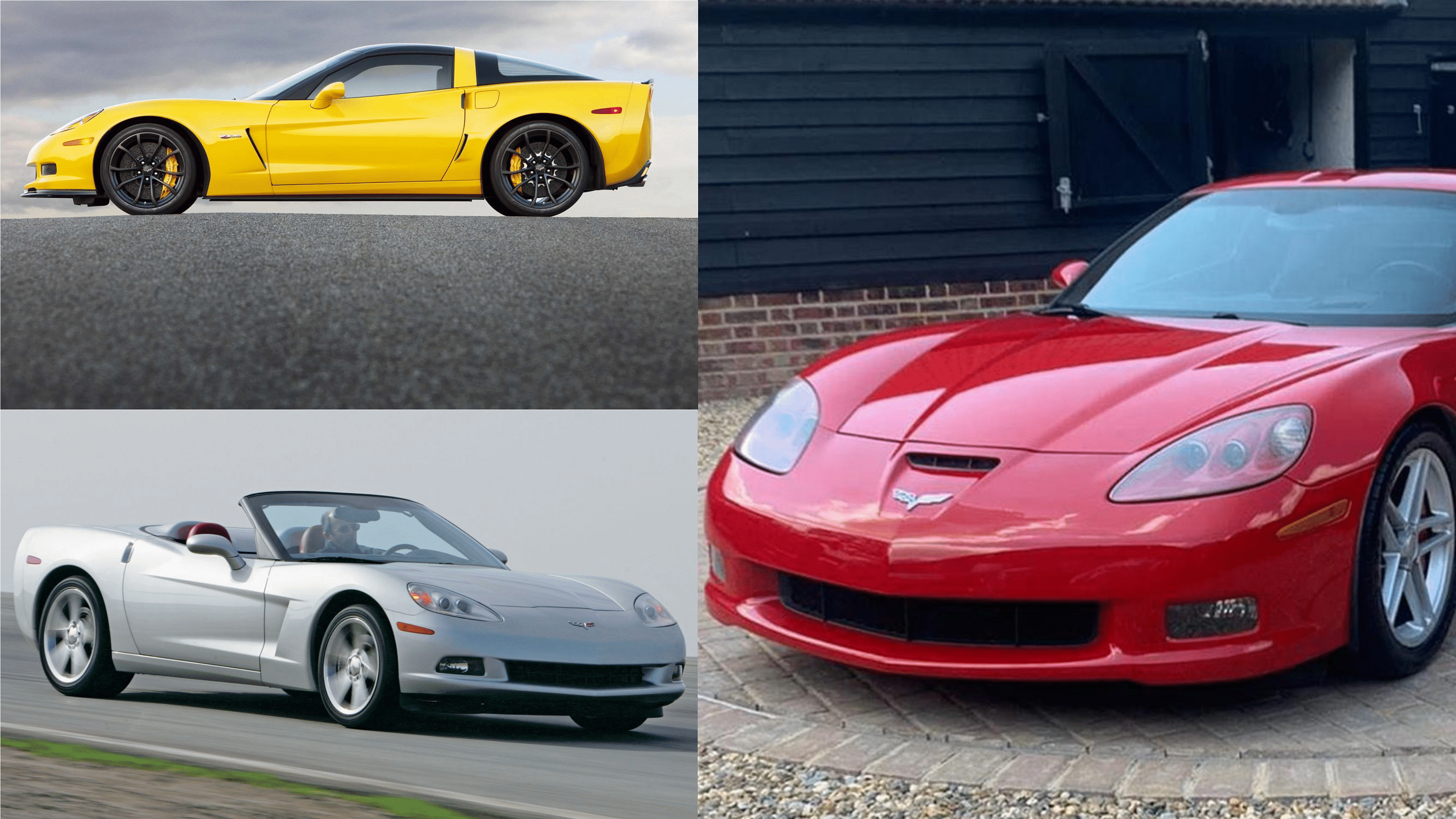 Chevrolet C6 Corvette in Yellow, Red, and Silver color - front and side view