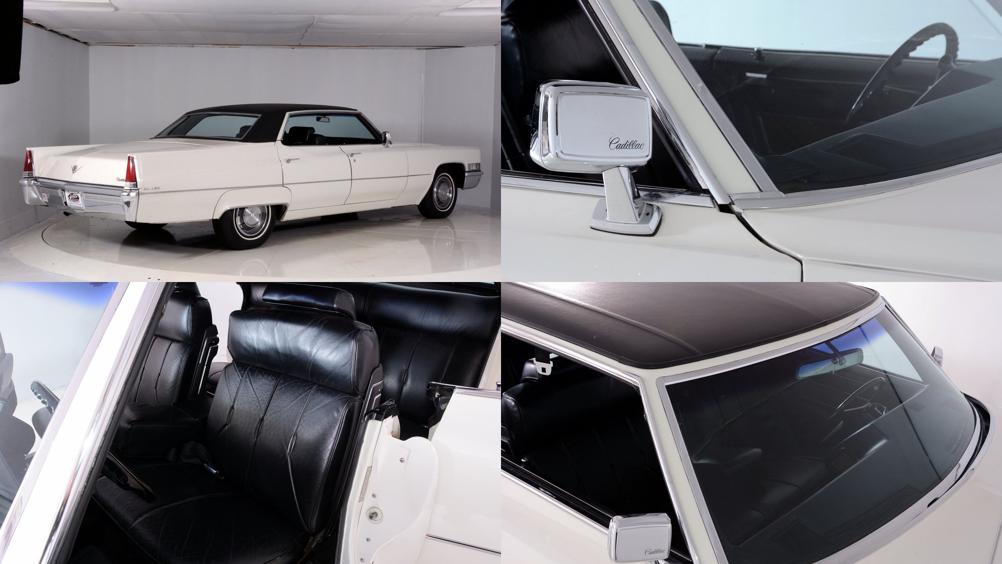1969 Cadillac Coupe DeVille in white exterior, bodystyle, front seats, roof, side mirror, rear end