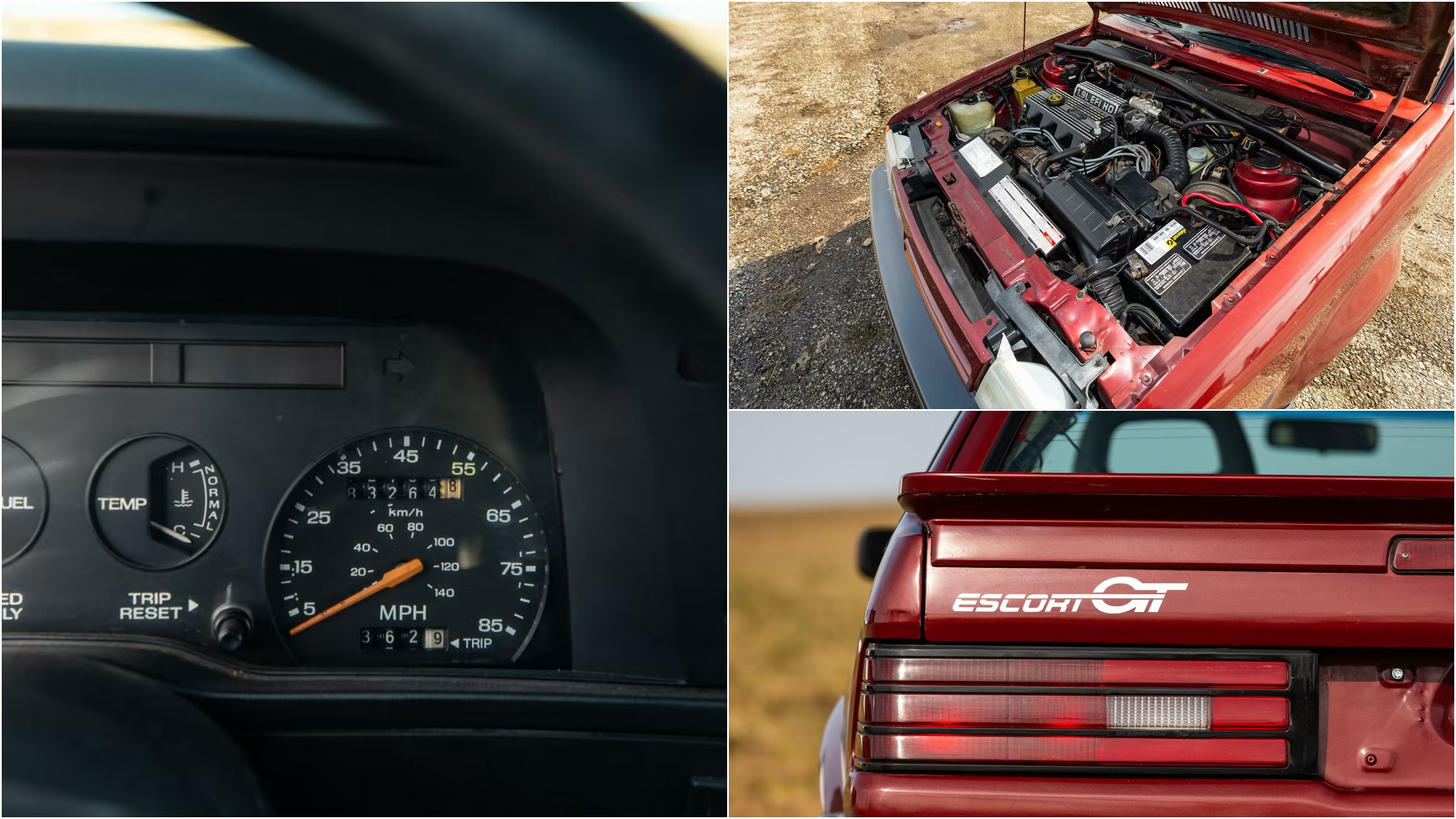 1989 Ford Escort GT speedometer, engine, and "Escort GT" tag