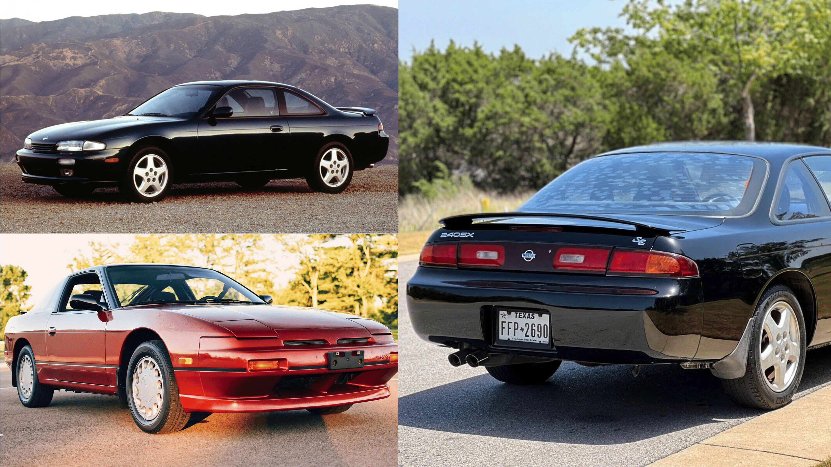 Black Nissan 240SX - side and rear view, Red Nissan 240SX - front view
