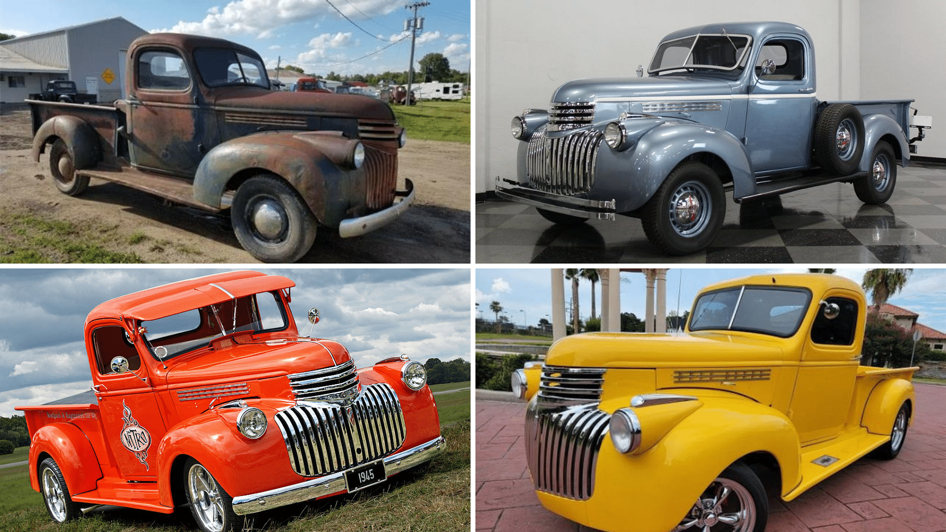 1945 Chevy Pickup Truck in Yellow, orange, Silver-Blue exterior
