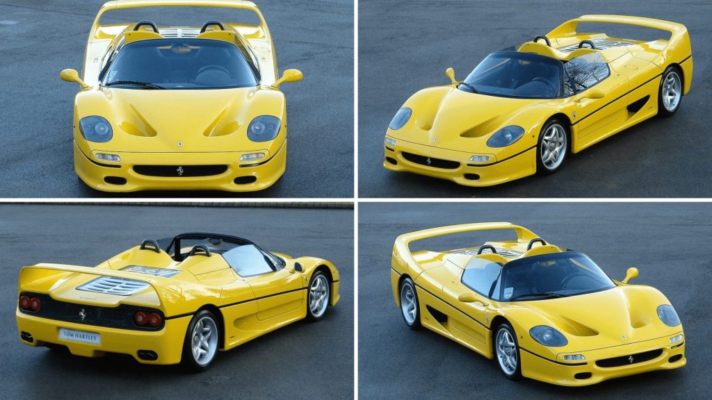 Yellow Ferrari F50 fron, side and rear profile