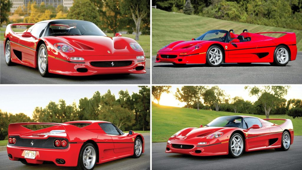 Red Ferrari F50 front, side and rear profile
