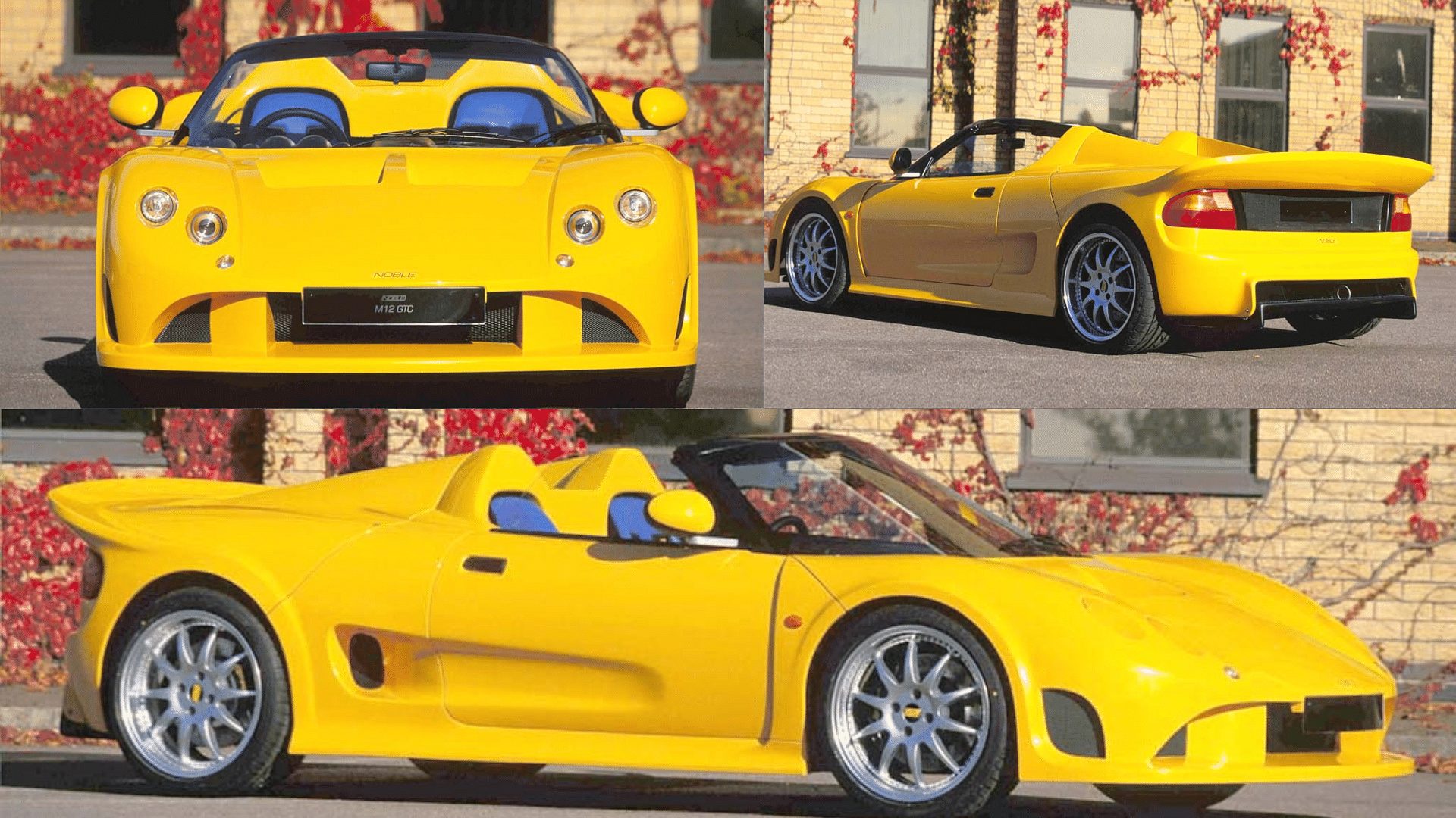Noble M12 GTC Convertible in Yellow - front, side, rear view