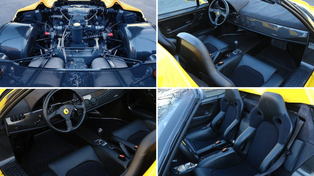 Yellow Ferrari F50 - engine, interior, dashboard, seats