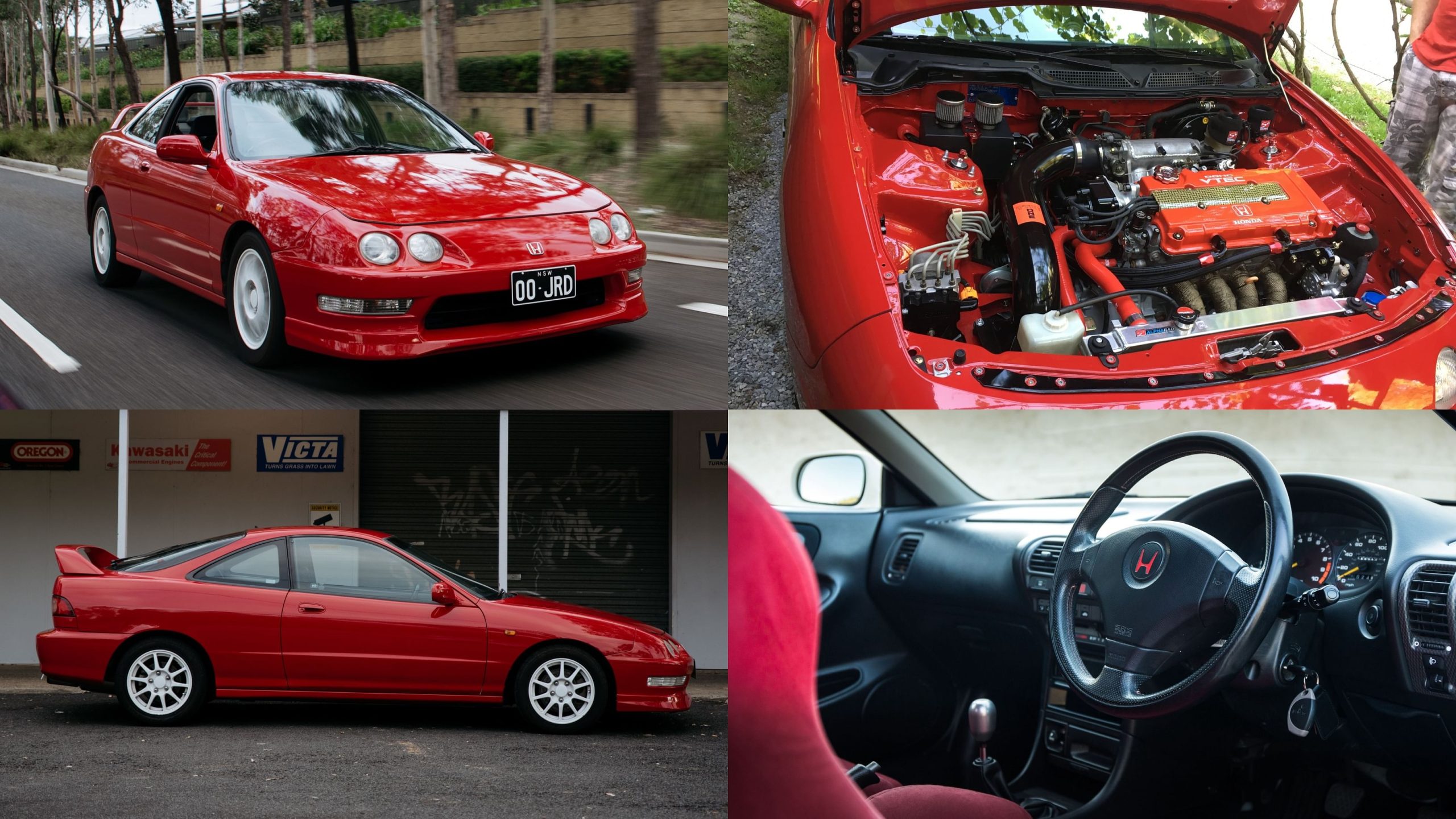 Red Honda Integra Type R - front, side view, engine, dashboard, steering
