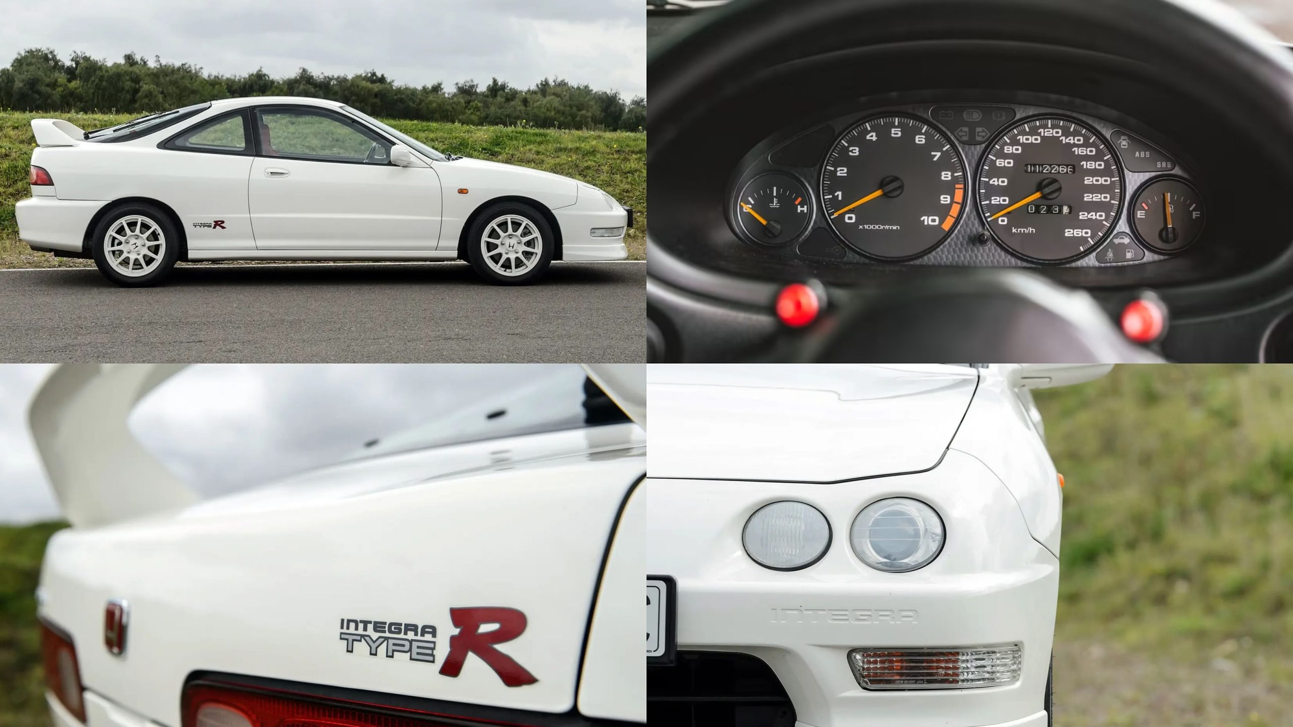White Honda Integra Type R - side view, headlights, taillights, gauge