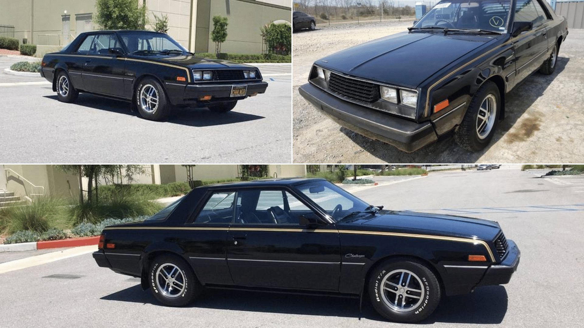 black 1982 Dodge Challenger Second Generation coupe front and side views