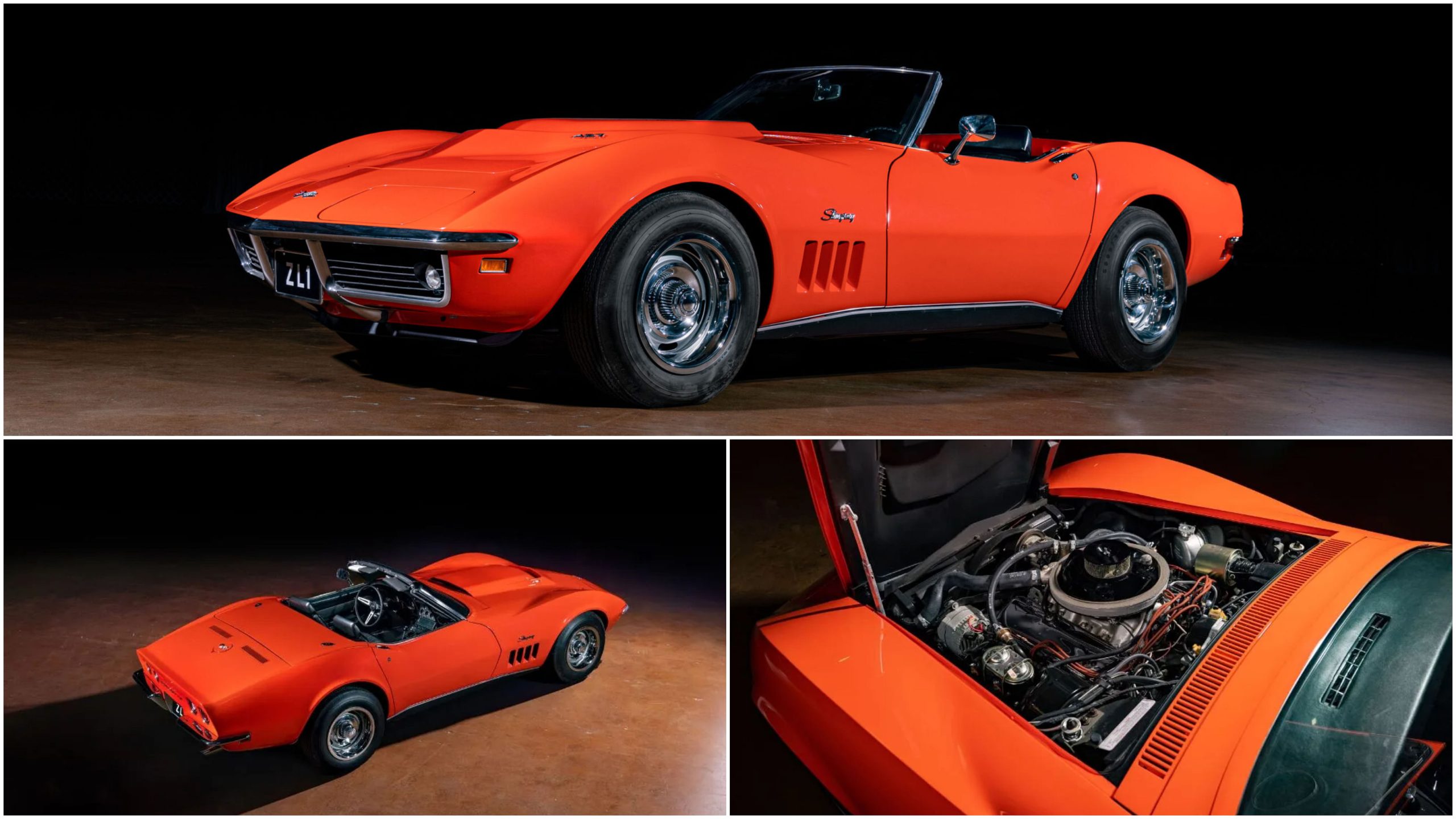 Orange 1969 Chevy Corvette ZL1 front, rear, and engine view