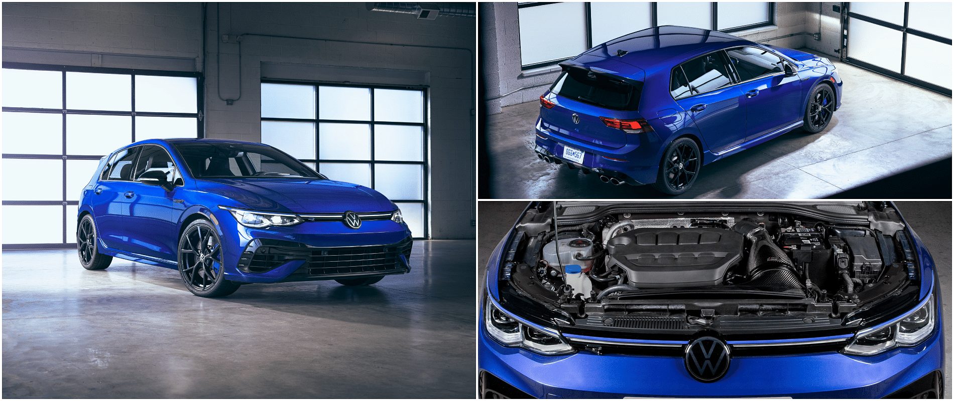 blue 2022 Volkswagen Golf R (Mk8) Hatchback front, top, and engine view