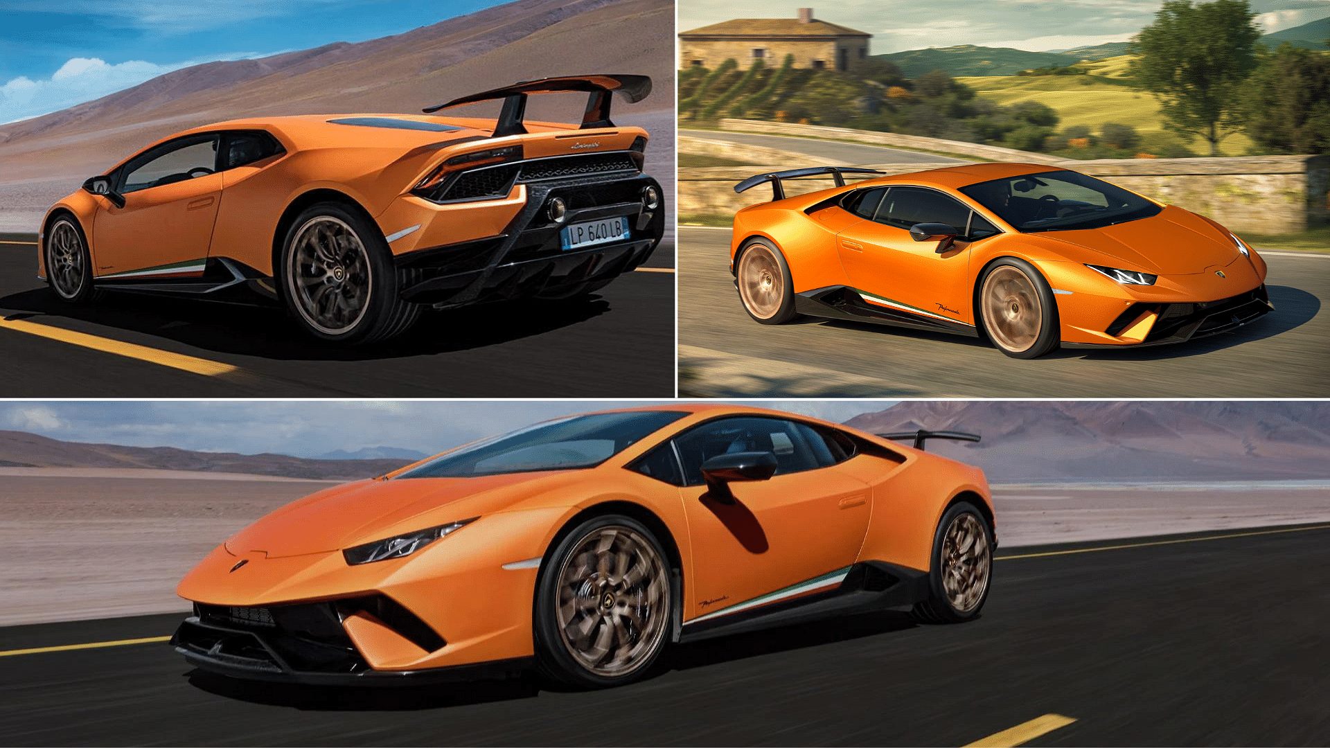 2019 Orange Huracan Performante coupe front, rear, and side view